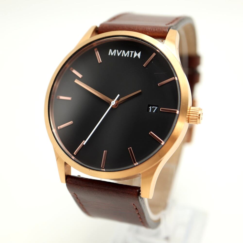 MVMT Mens Classic 45mm Black Date Watch Brown Leather Strap w New Battery